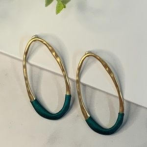 Teal Green Hammered Oval Hoop Earrings with woven thread